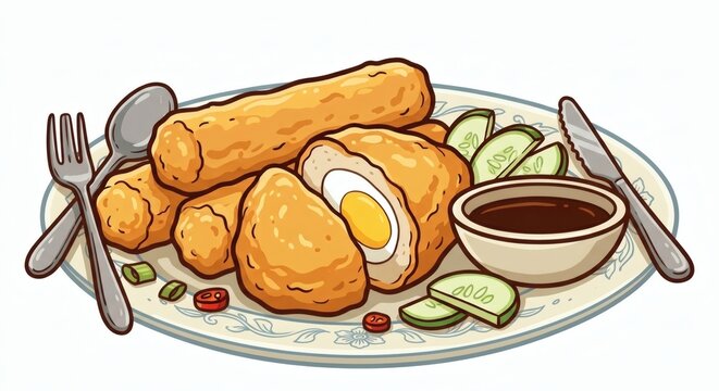 Delicious Indonesian pempek Palembang served on a plate with boiled egg filling, savory fish cakes, sliced cucumber, and rich sweet spicy cuko dipping sauce in cartoon vector illustration