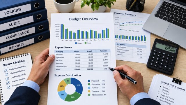 Budget overview documents with expenditure charts, policy binders, calculator and review checklist
