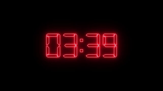 Red digital countdown timer clock display, glowing neon led numbers for time tracking and event sequences