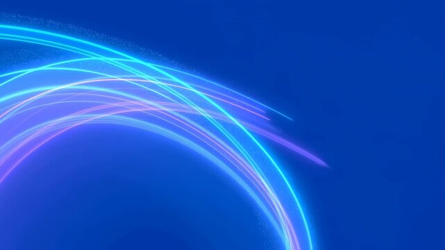 Glowing cyan and violet light arcs sweep across a deep blue digital field. Technology presentations, digital advertising, and broadcast graphics.
