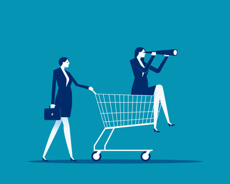 Marketing Forecasting. Businesswoman with Telescope in Shopping Cart.