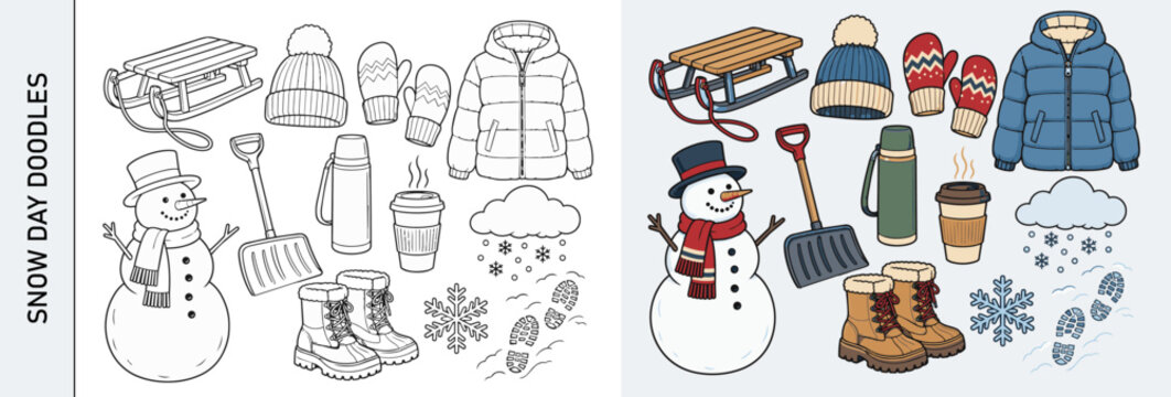 Cold Weather Playtime Vector Doodles with Sled, Snowman and Cozy Snow Day Elements