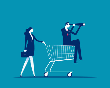 Marketing Forecasting. Businessman with Telescope in Shopping Cart.