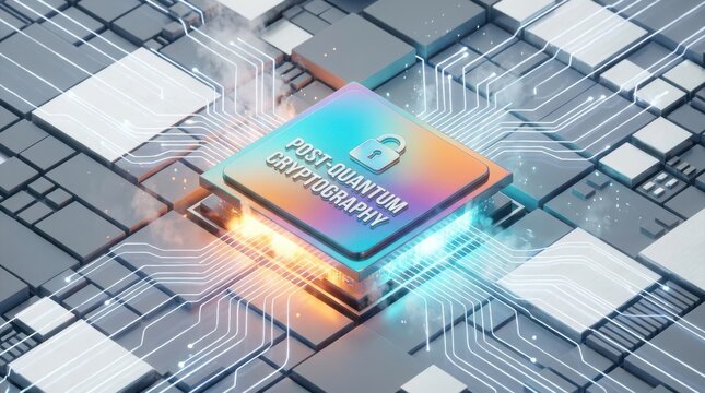 Post quantum cryptography computer chip glowing with neon circuits representing advanced cybersecurity tech.