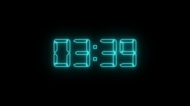 Neon blue digital countdown timer clock display with glowing led numbers