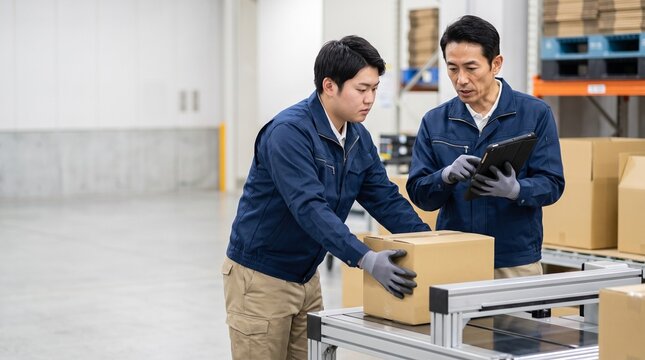 物流倉庫で荷物の出荷準備と計量管理のOJT研修を受ける倉庫作業員