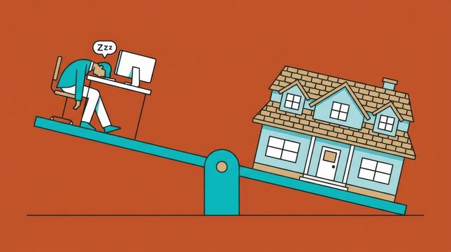 Stylized graphic illustration showing tired worker sleeping at desk on seesaw balanced against large residential house.