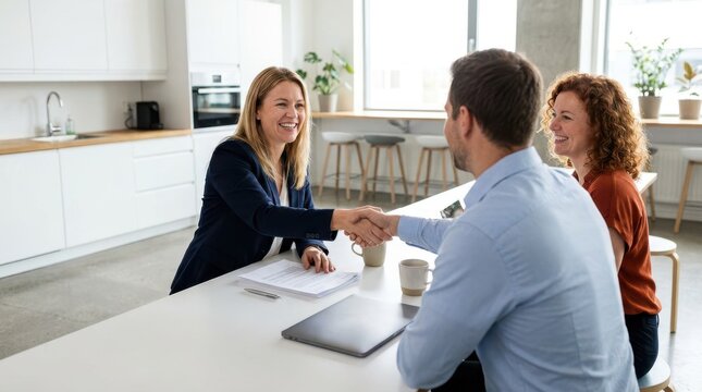 Professional woman shaking hands with client after successful meeting in kitchen office with laptop and coffee.