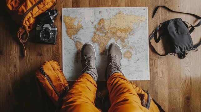Traveler's feet on world map with camera, backpack, and accessories. Overhead view of adventure planning essentials on wooden floor
