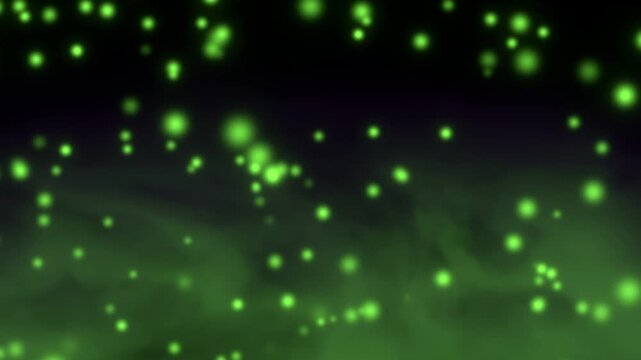 Glowing Green Particles Floating Through a Dark Misty Background