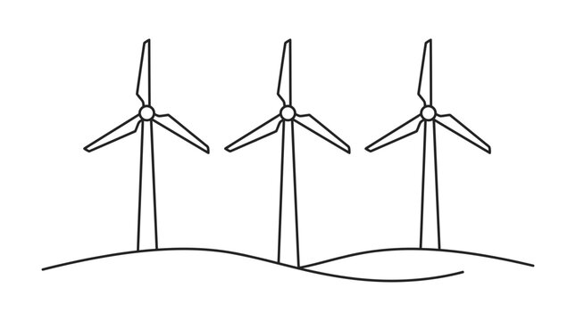 Three wind turbines line art illustration. Renewable energy concept for green power generation and sustainable future. Eco-friendly technology.