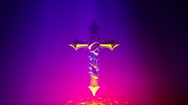 Golden thorn cross rotating in purple and magenta light