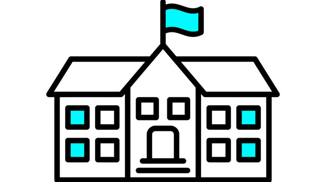 Modern outline icon of a school or public building with flag. Flat design line art illustration of an educational or government institution.