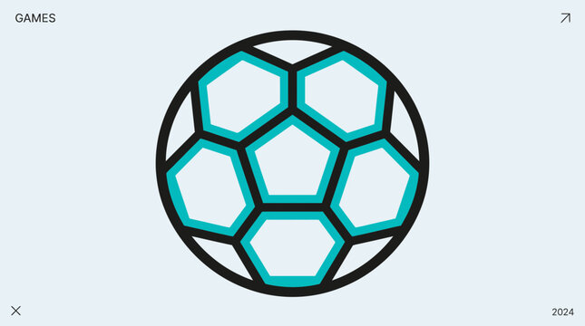 Stylized soccer ball icon illustration with black outline and teal colored panels on a light background, minimalist graphic