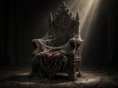 Dark Gothic Throne with Cobwebs and Dramatic Lighting Illustration