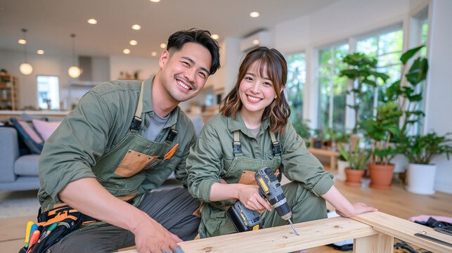 Asian couple working side by side to assemble a wooden shelving unit, woman operating a power drill while her partner supports the frame, bright Scandinavian-inspired living room, potted plants, sof
