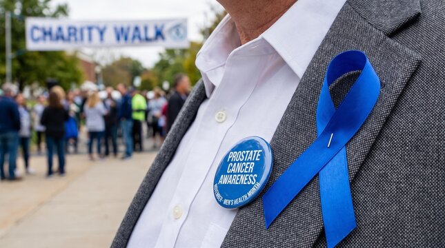 Prostate cancer awareness charity walk event, blue ribbon and button pin on suit jacket, healthcare campaign