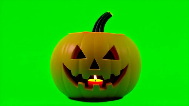 a scary jack o lantern with candle burning inside, isolated on green screen chroma key background