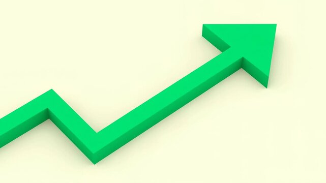 Bright green 3D arrow rising diagonally on a pale background. Business presentations, financial reports, and sales performance communication.
