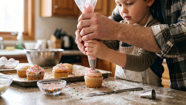 Father and son celebrate universal children's day baking cupcakes