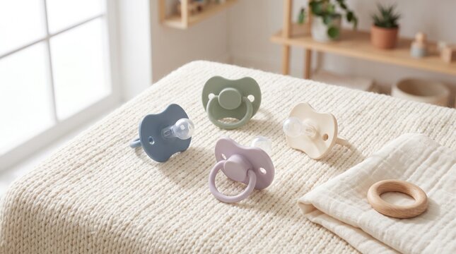 colorful silicone baby pacifiers on a soft knitted blanket in a nursery
