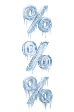 Frozen Ice Percent Sign Symbols with Hanging Icicles and Snow Isolated on Transparent Background PNG