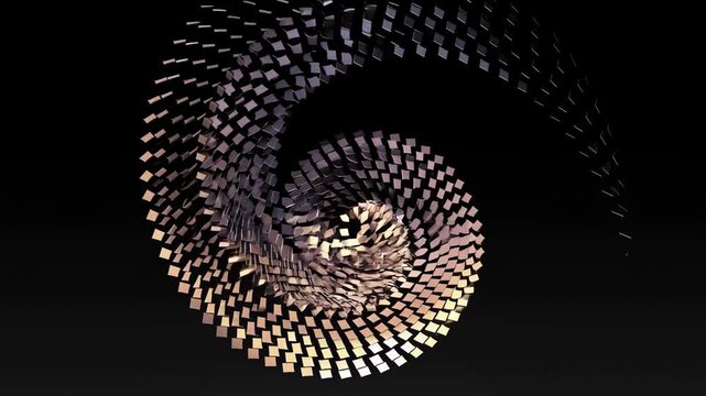 Luminous particles rotate inward in an abstract spiral vortex on black. Technology presentations, digital title sequences, and science media.