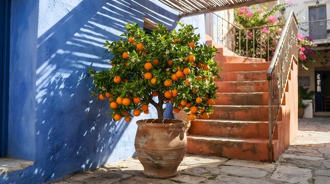 Vibrant orange tree in ceramic pot situated beside colorful exterior stairs and a sunny blue wall creating a lively outdoor scene