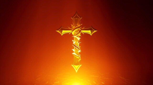 Golden thorn cross rotating in dramatic orange and red light
