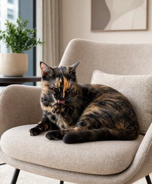 Tortoiseshell Cat Resting on Upholstered Living Room Chair