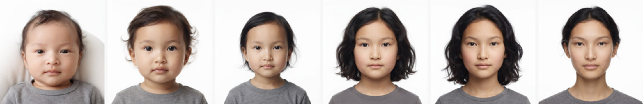 Age progression portraits of an asian female shown from infancy to adulthood against a clean white background, ideal for human development, dermatology, and life cycle concepts