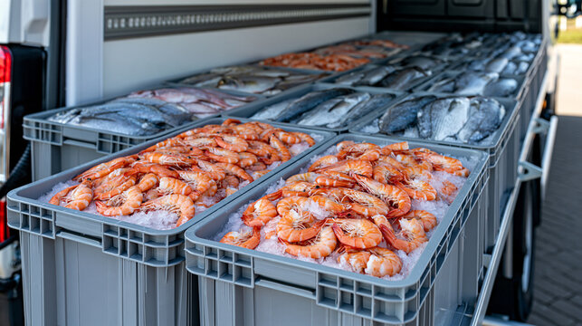 Wide-angle view into a refrigerated cargo van with rows of gray plastic containers holding fresh seafood on ice, visible shrimp and different varieties of fish, systematic organization for perishabl