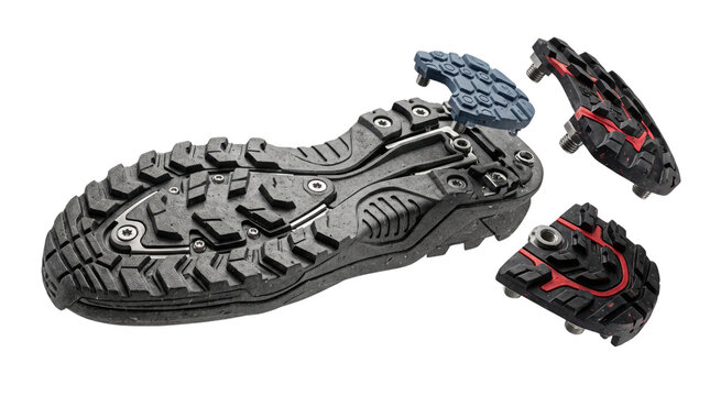 Modular boot sole with interchangeable tread parts, rugged hiking shoe outsole technology, isolated product studio shot