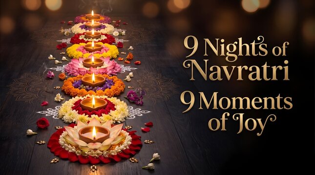 Vertical banner for nine nights of navratri with glowing lamps and festive floral decor