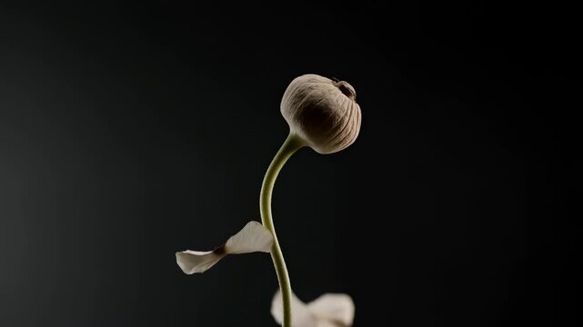 Dried flower shedding pale petals in a dark studio setting. Nature documentaries, botany education, and poetry and literature projects.
