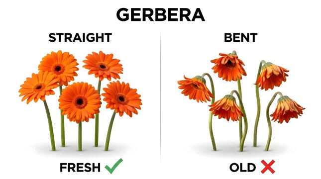 Comparative study showing fresh gerbera daisy flowers versus wilted stems on a white background with comparison contrast drooping botanical education informative maintenance condition