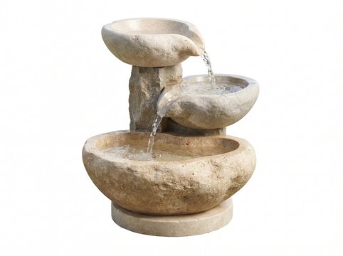 Three tier rustic limestone garden fountain with stone bowls and flowing water on white background