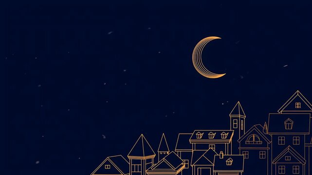 Night village with glowing line art houses beneath a crescent moon and drifting particles. Children s, holiday greeting designs, and nighttime title cards.