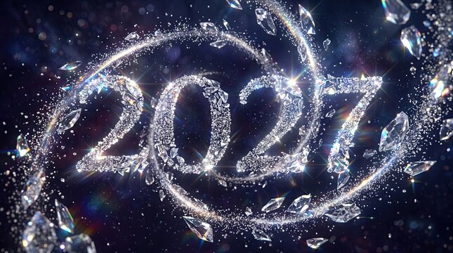 2027 year number formed with glowing diamonds and sparkling crystal dust particles on dark night sky background for new year celebration holiday greeting card design