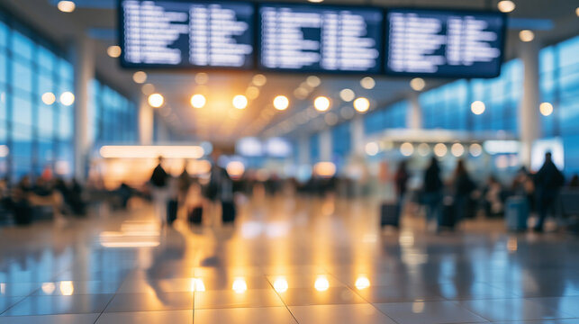 Airport terminal interior with blurred passengers and flight information display, symbolizing travel, delay, and transit