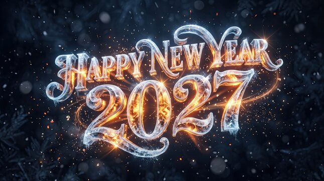 Happy New Year 2027 glowing ice text banner, elegant winter holiday background with magical frosty typography and sparkles for celebration card design.