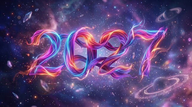 2027 year number glowing in cosmic space background with colorful nebulas, glowing stars and planets, futuristic digital concept design for new year celebration banner