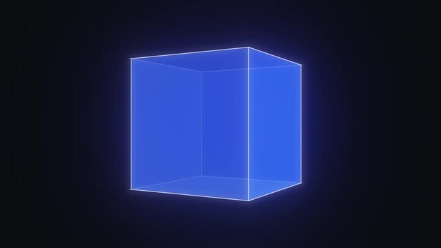 A transparent blue geometric cube rendered in 3D, illuminated with a subtle glow against a dark background