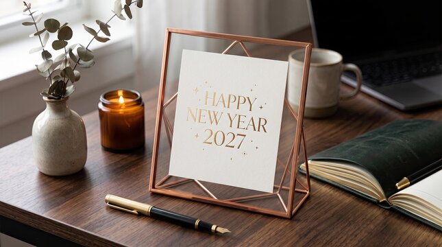 Happy New Year 2027 greeting card in a copper frame on a wooden desk with a candle, notebook, pen, and laptop in a cozy home office setup
