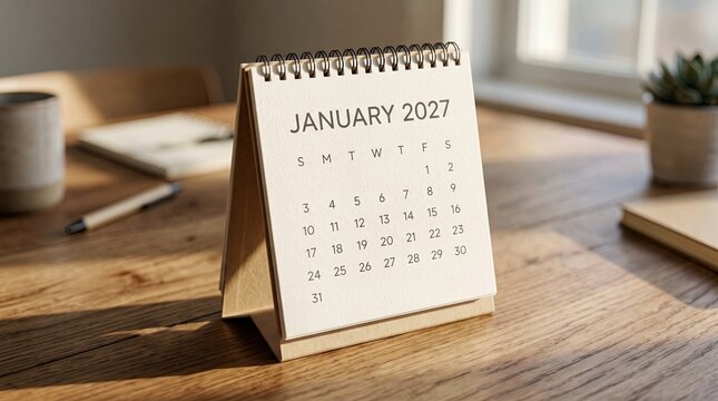 Desktop calendar showing January 2027 on a wooden table in an office setting with natural light and stationery items in the background for time management and business planning