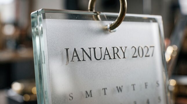 January 2027 calendar page hanging on a metal ring with frosted glass design for planning business schedule, future dates, and time management concepts in a modern office setup