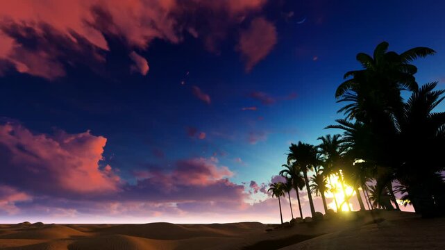 Time-lapse of Desert Sunset with Palm Trees Silhouette and Crescent Moon in Twilight Sky