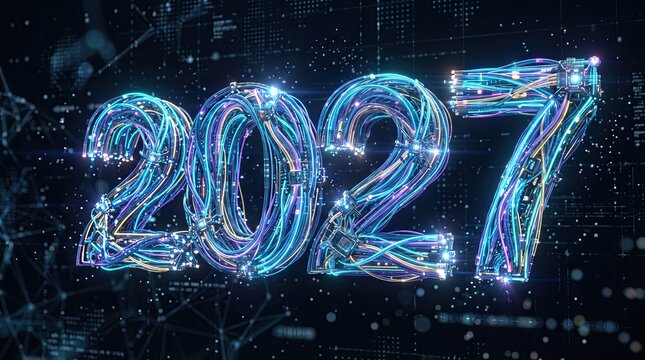Futuristic 2027 year number made of glowing fiber optic cables and digital data streams on dark background, representing technology, future, innovation, and cyber concepts.