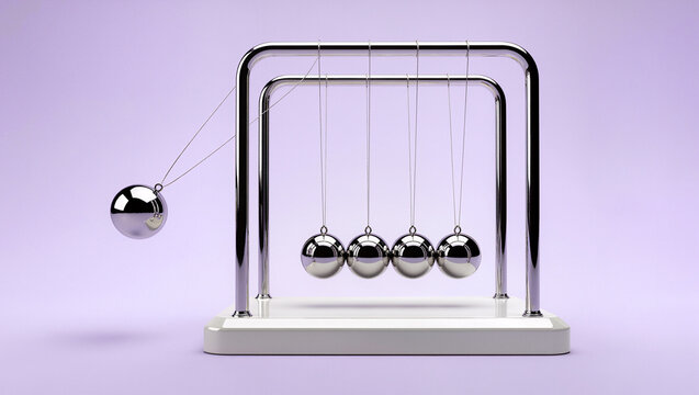 chrome newton cradle with one swinging ball on a lavender background, glossy metal spheres and white base with soft reflections, conceptual cause and effect and chain reaction concept