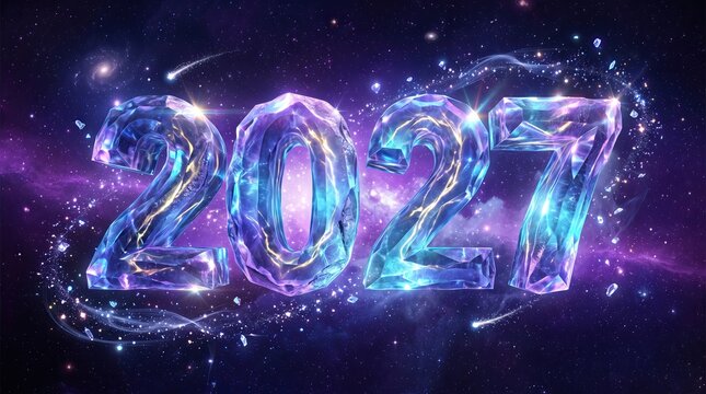 2027 new year crystal number text on magical purple cosmic space background with glowing stars and glowing stardust particles for futuristic holiday celebration design